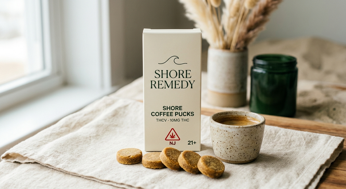 Shore Remedy Coffee Pucks box with golden rosin pucks and an espresso cup
