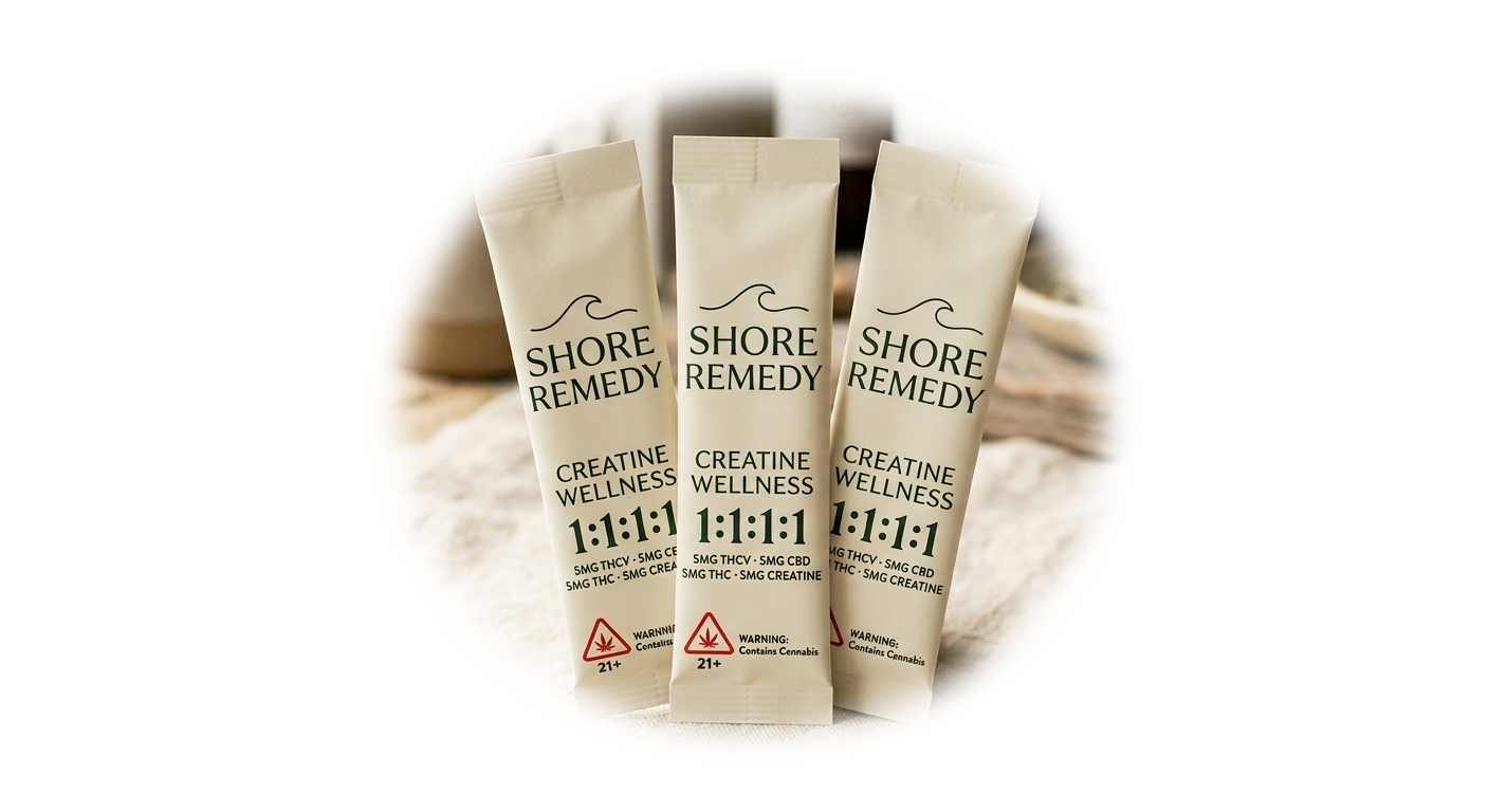 Shore Remedy Creatine Wellness packets with the 1:1:1:1 label