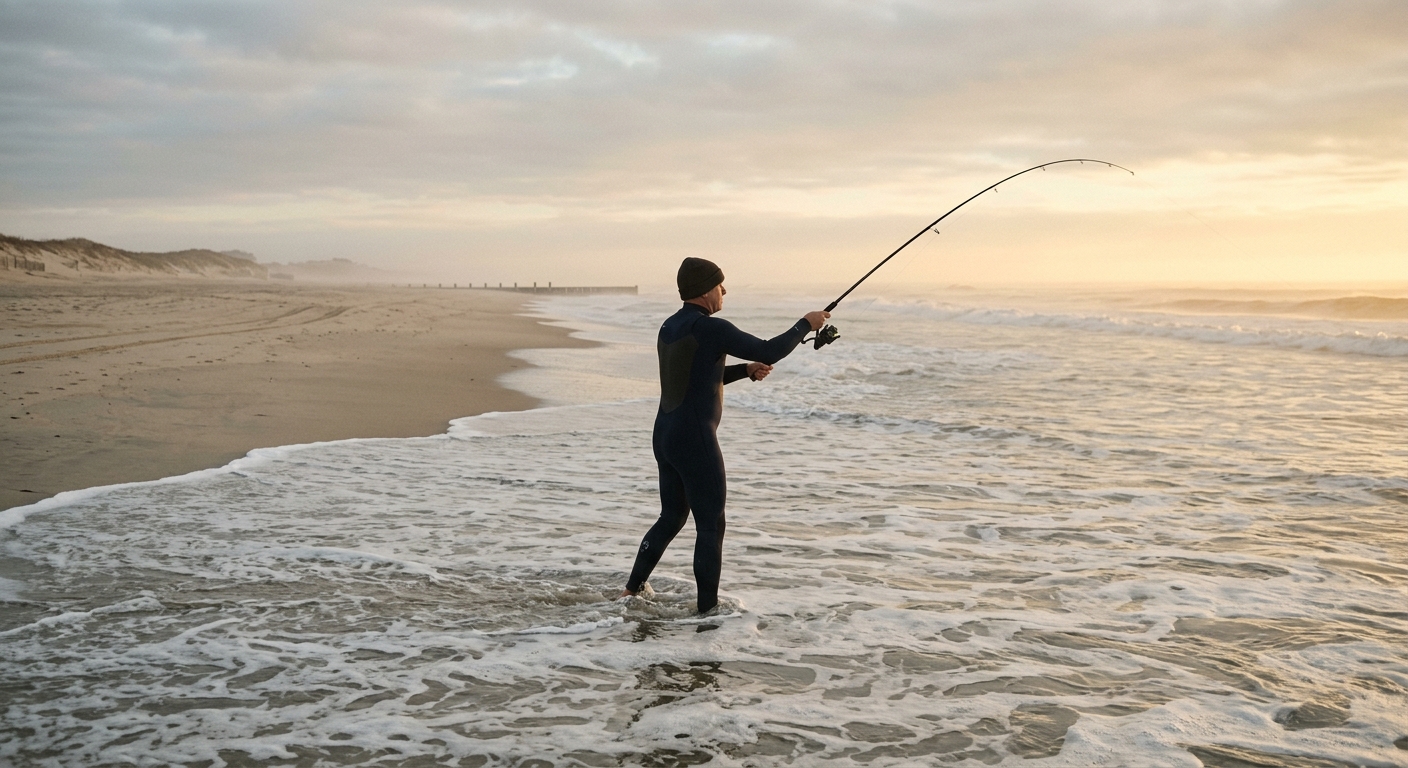 A fisherman casting into the surf at golden dawn