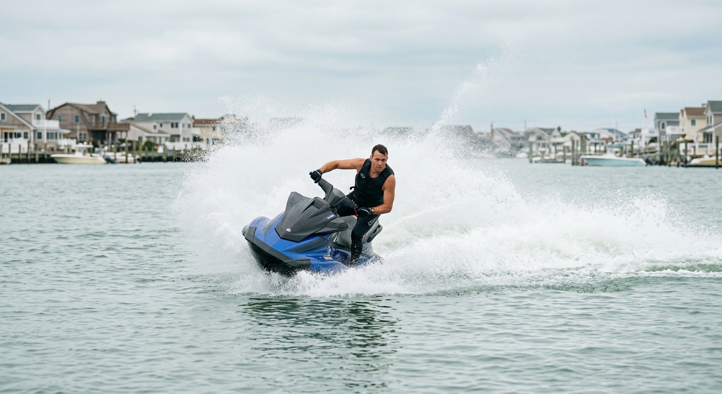 A jet ski carving a turn with spray on the bay