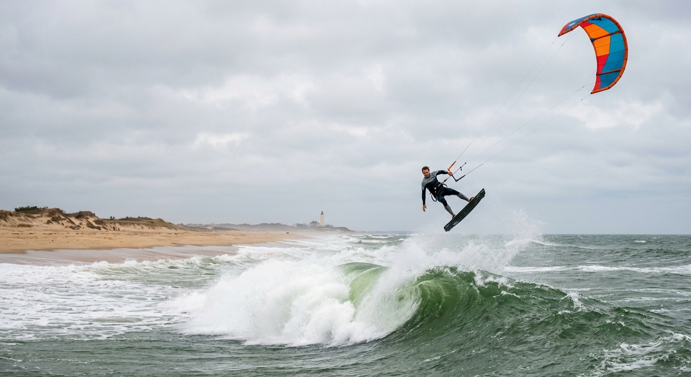 A kite surfer airborne above a green wave off Sandy Hook