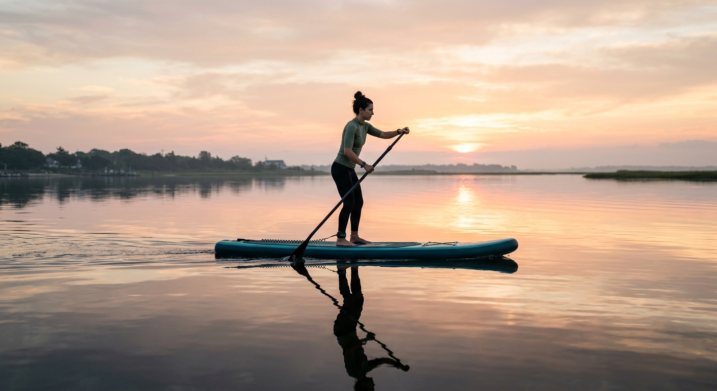 A paddleboarder gliding across calm water at sunrise