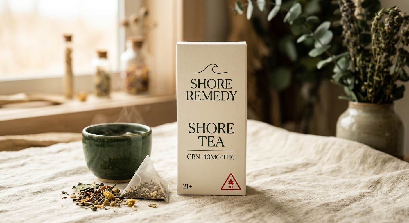 Shore Remedy Shore Tea box with a steaming cup, loose herbs, and a tea bag