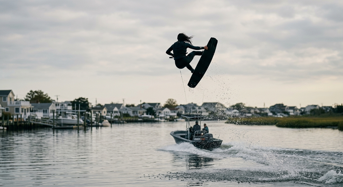 A wakeboarder mid-air doing a grab behind a boat on the bay